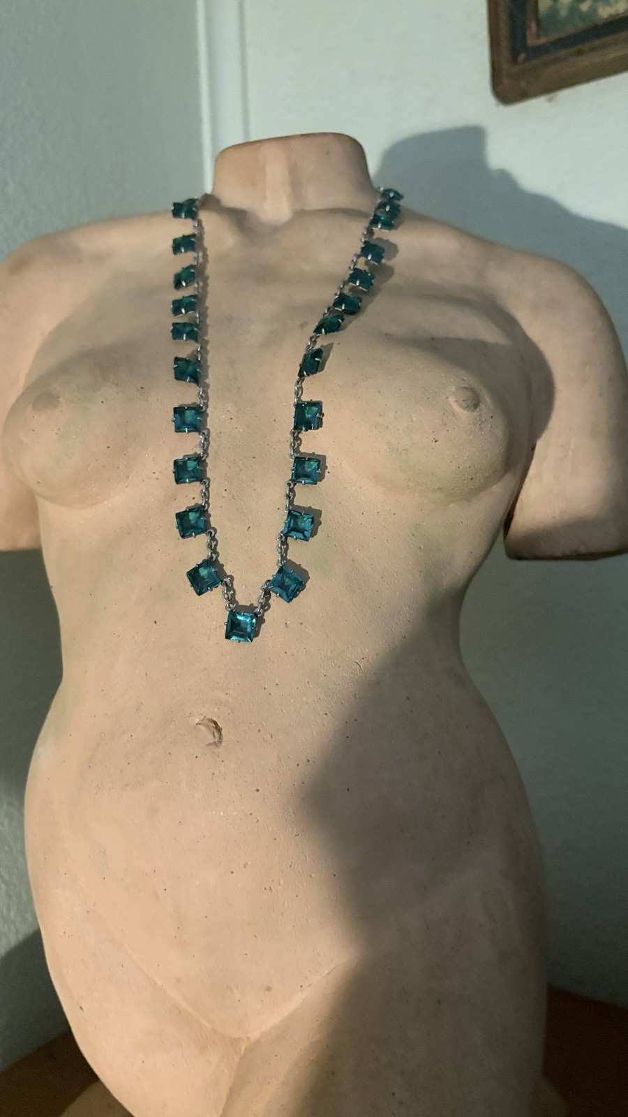 Antique Art Deco Sterling Silver Green Paste Necklace 17 Inches