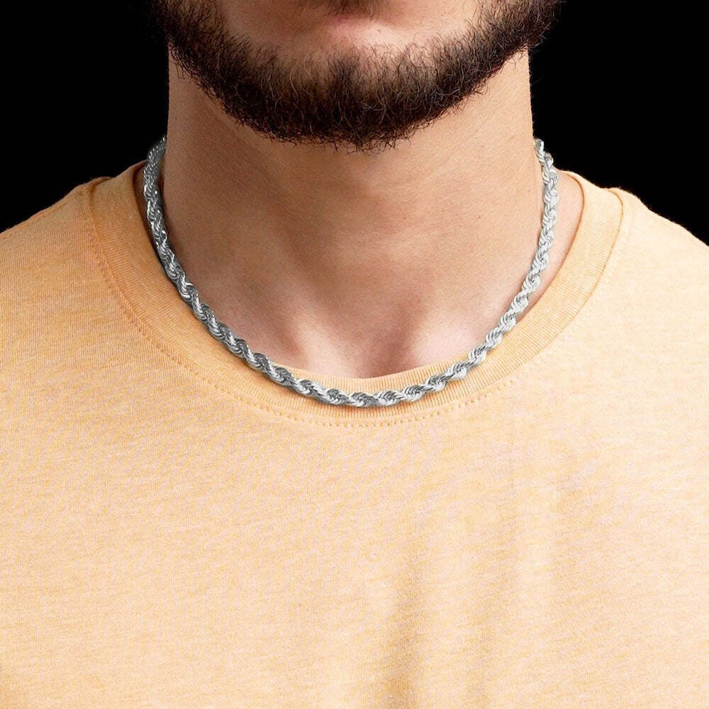 Solid 925 Sterling Silver Italian Rope Chain Mens Necklace 6.5mm – Diamond Cut