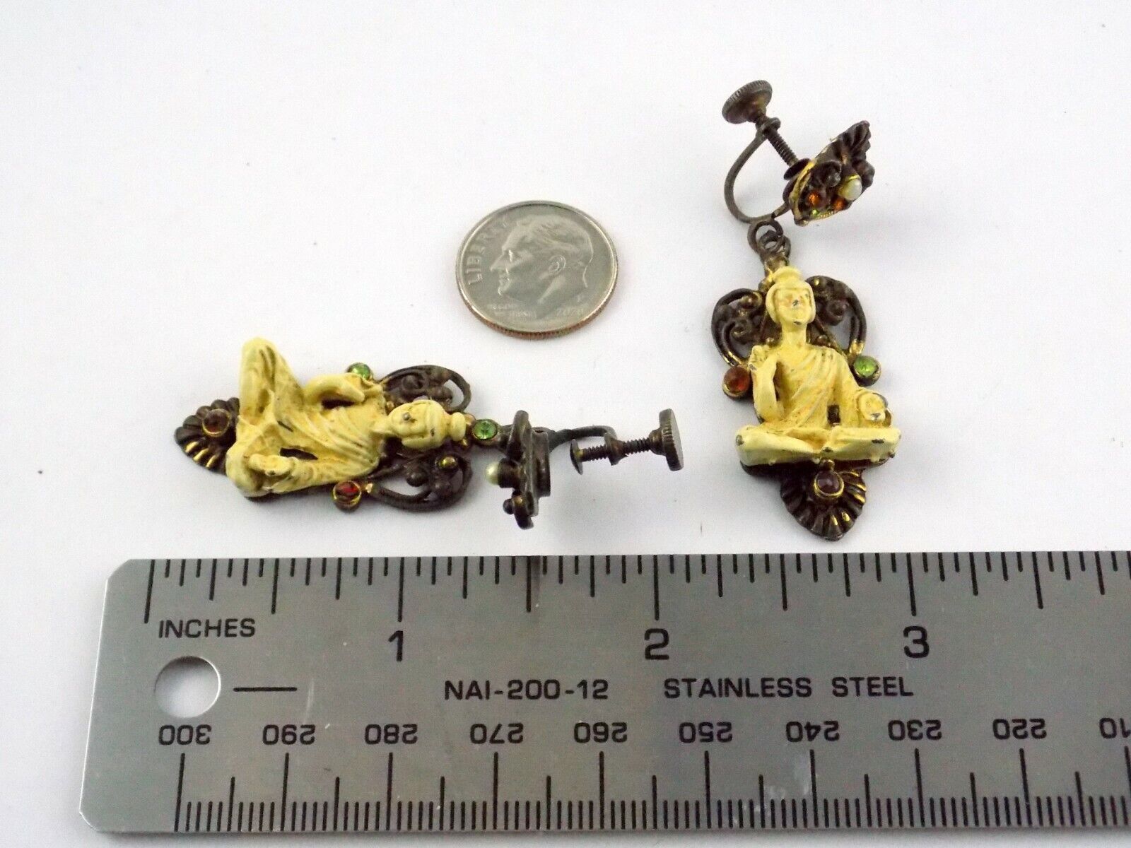 Vintage Painted Brass and Buddha Figurine Screwback Earrings Unsigned Rhinestone