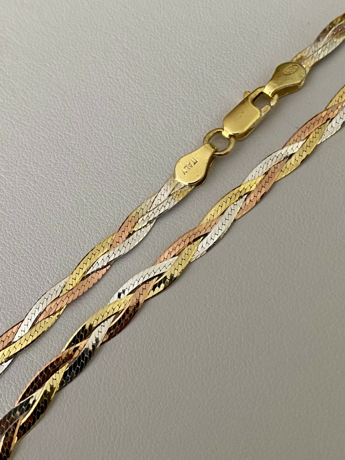 925 Silver Tri-Color Yellow Rose Gold Plated Twisted Braided Herringbone Chain