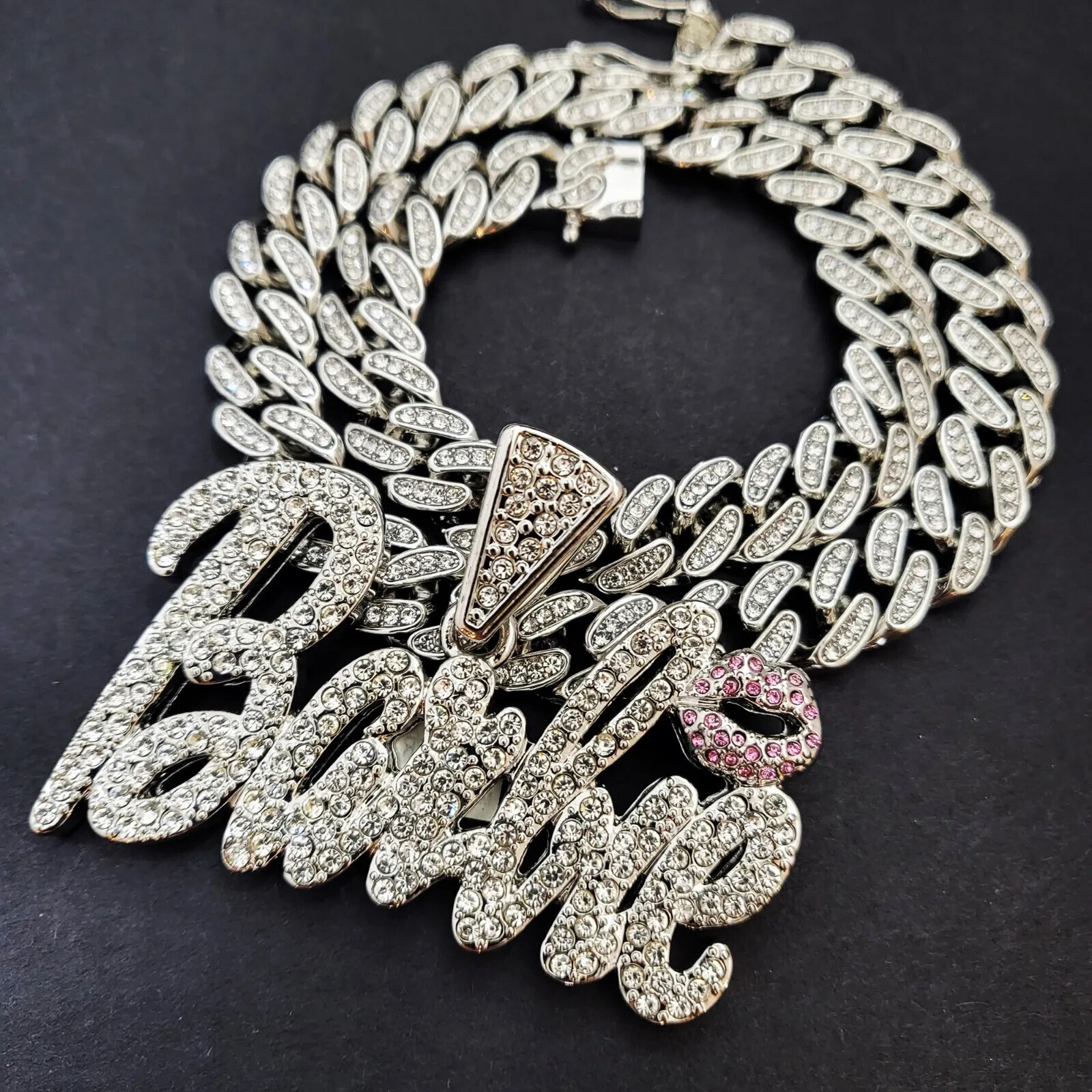 Women Gold Plated Large Barbie Charm & Iced Cubic Zirconia Cuban Chain Necklace