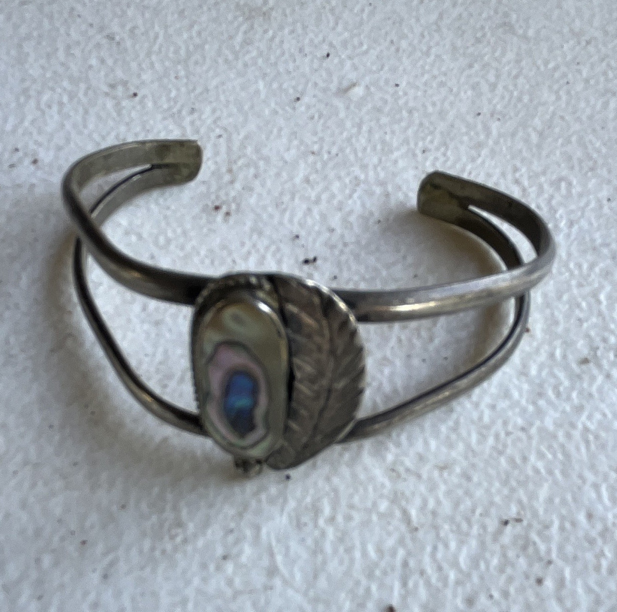 Silver Tone Adjustable Cuff Bracelet w/ Oval Inlay Centerpiece