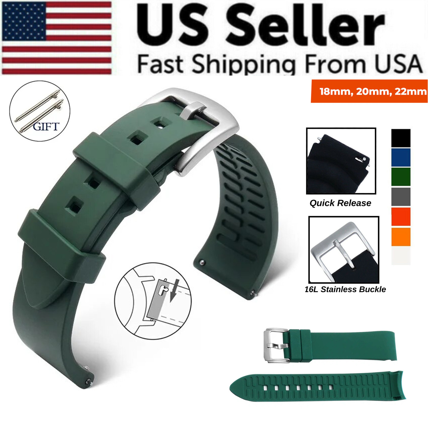 18mm 20mm 22mm Soft Silicone Watch Band Divers Replacement Strap Quick Release