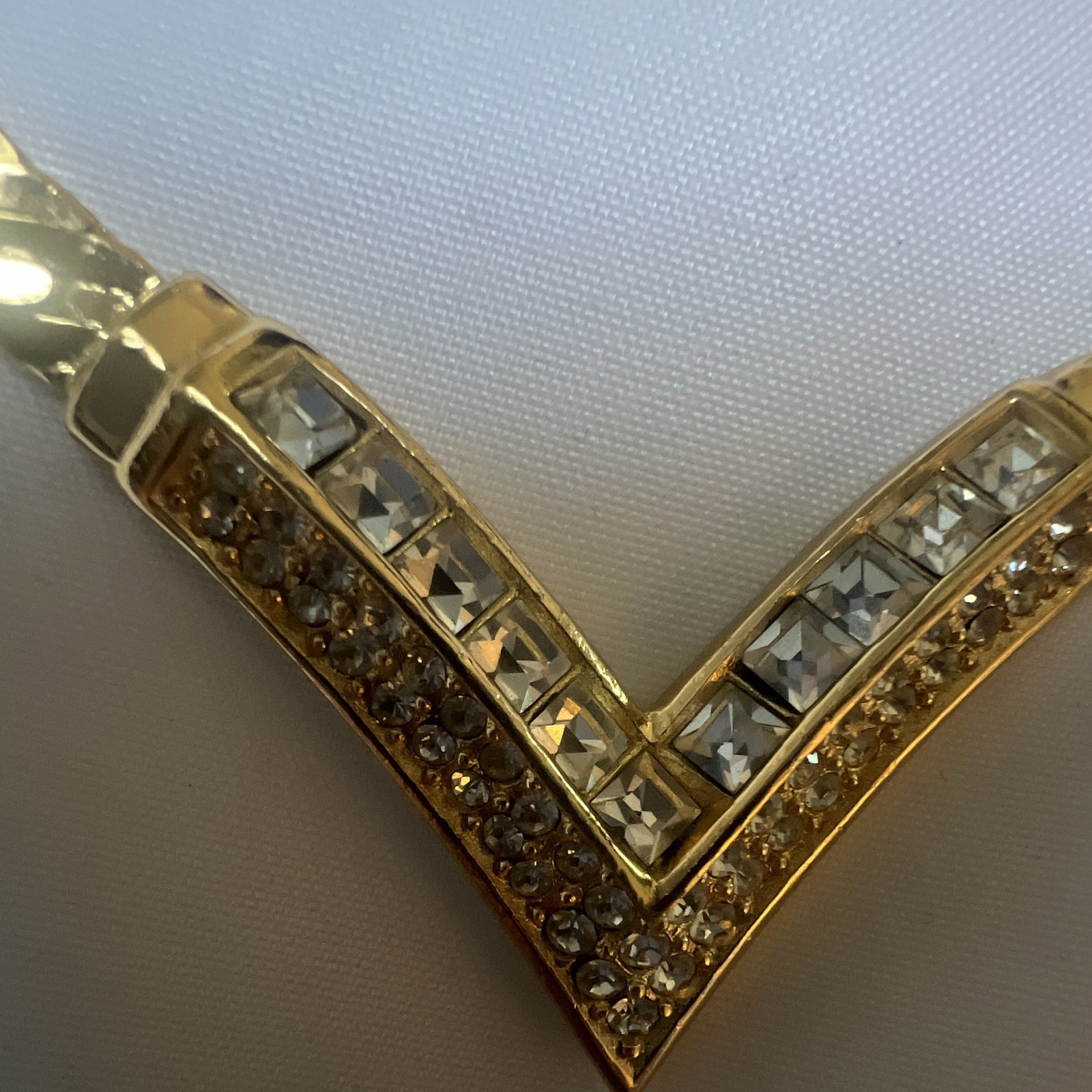 Vintage Christian Dior Gold Tone V Necklace Clear Rhinestone Choker Signed