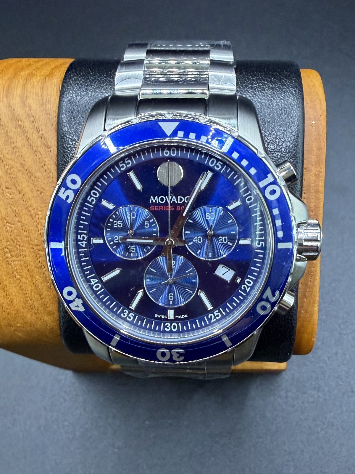 Movado Series 800 Blue Dial & Bezel 42mm Chronograph Steel Watch Model #2600141