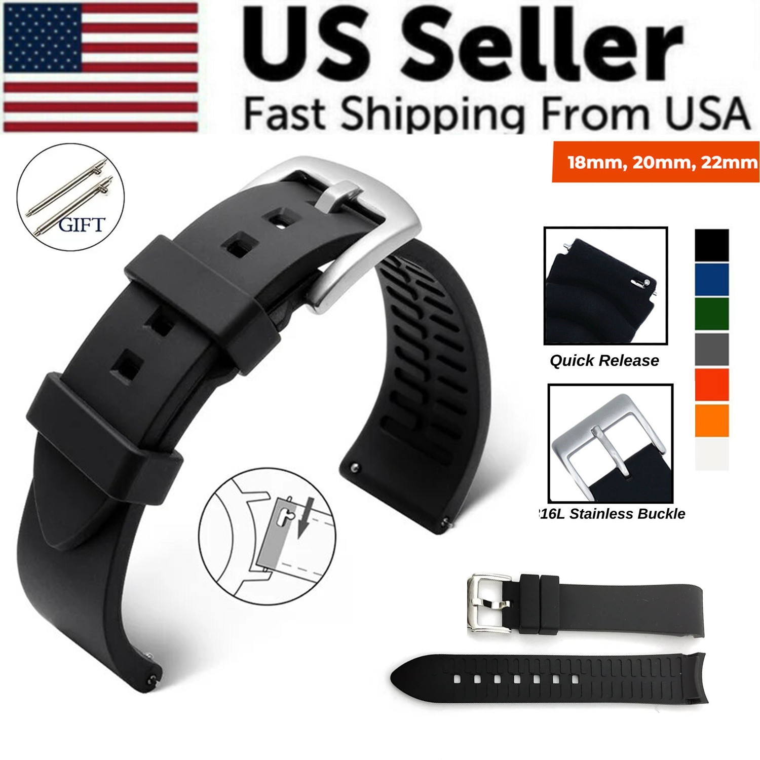 18mm 20mm 22mm Soft Silicone Watch Band Divers Replacement Strap Quick Release