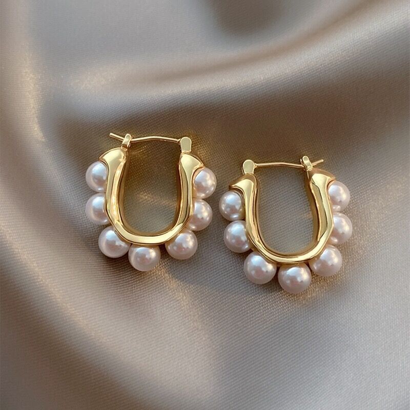 Fashion Woman 14K Gold Plated Pearl Earring Clip Hoop Huggie Ear Drop Dangle