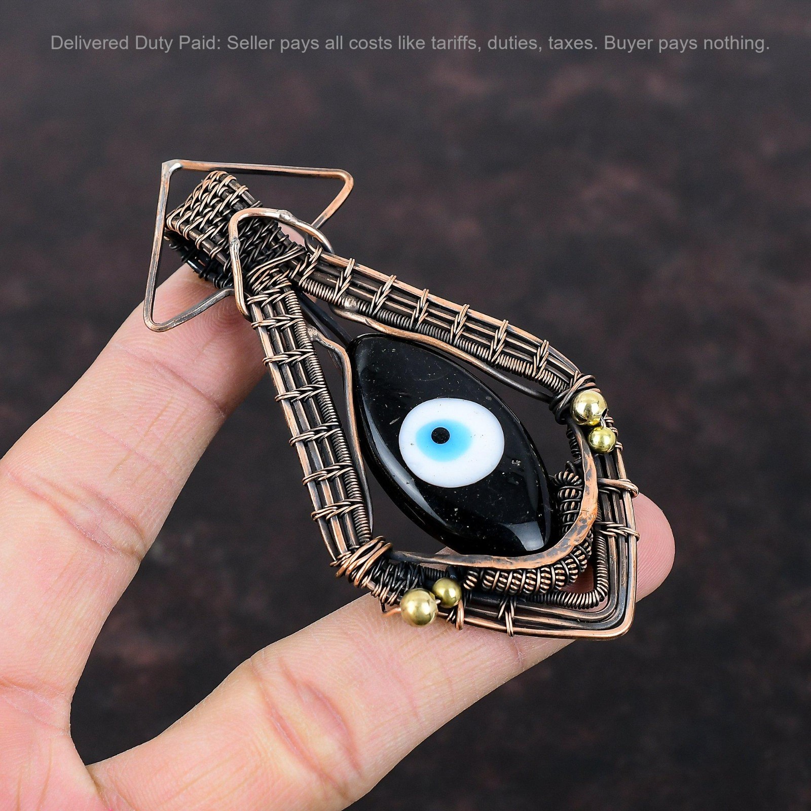 Copper Marquise Black Color Evil Eye Stone Wife Trendy Wire Wrapped Boho Pendant