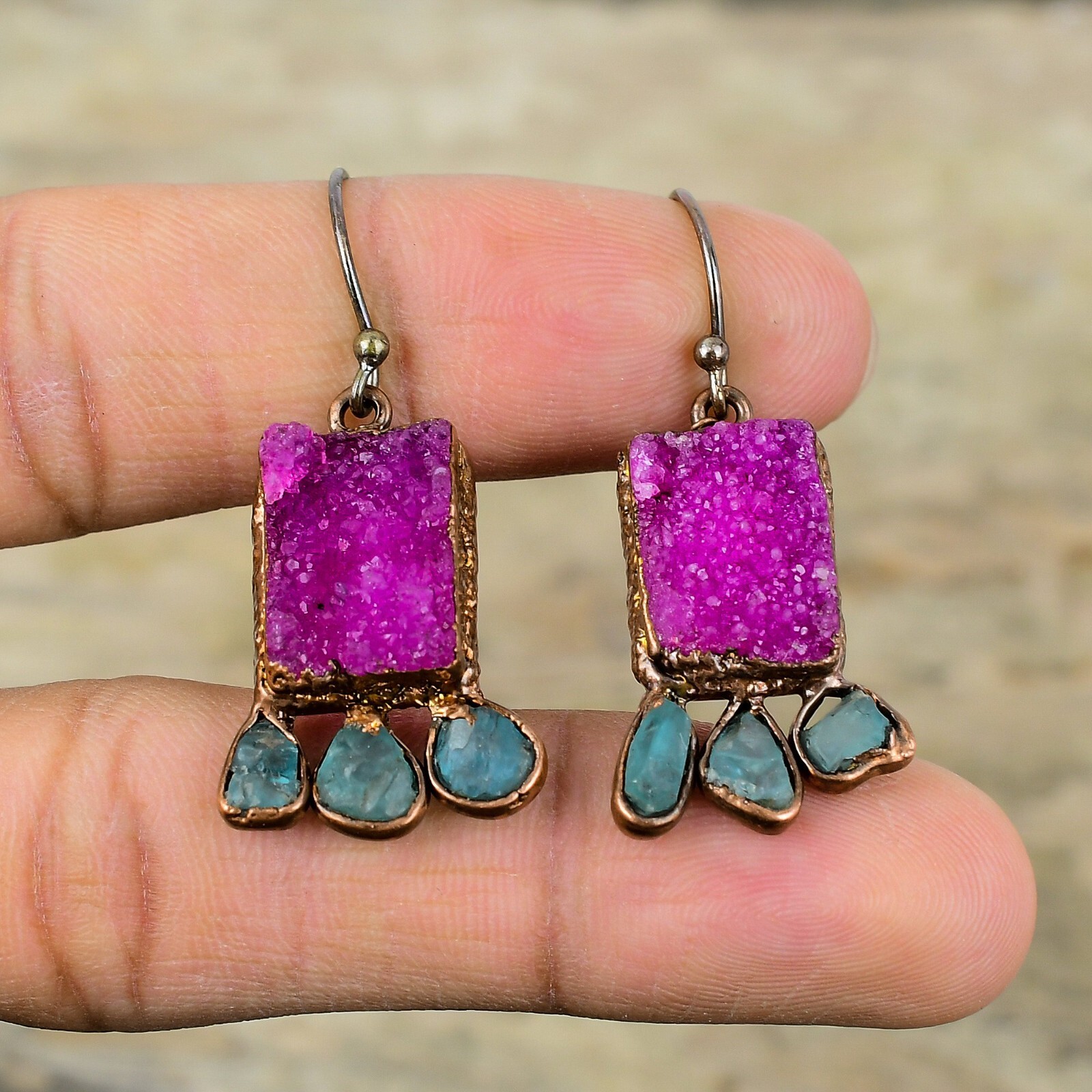 Pink Druzy Jewelry Copper Mom Gift Electroformed Drop/Dangle Earrings 1.77″
