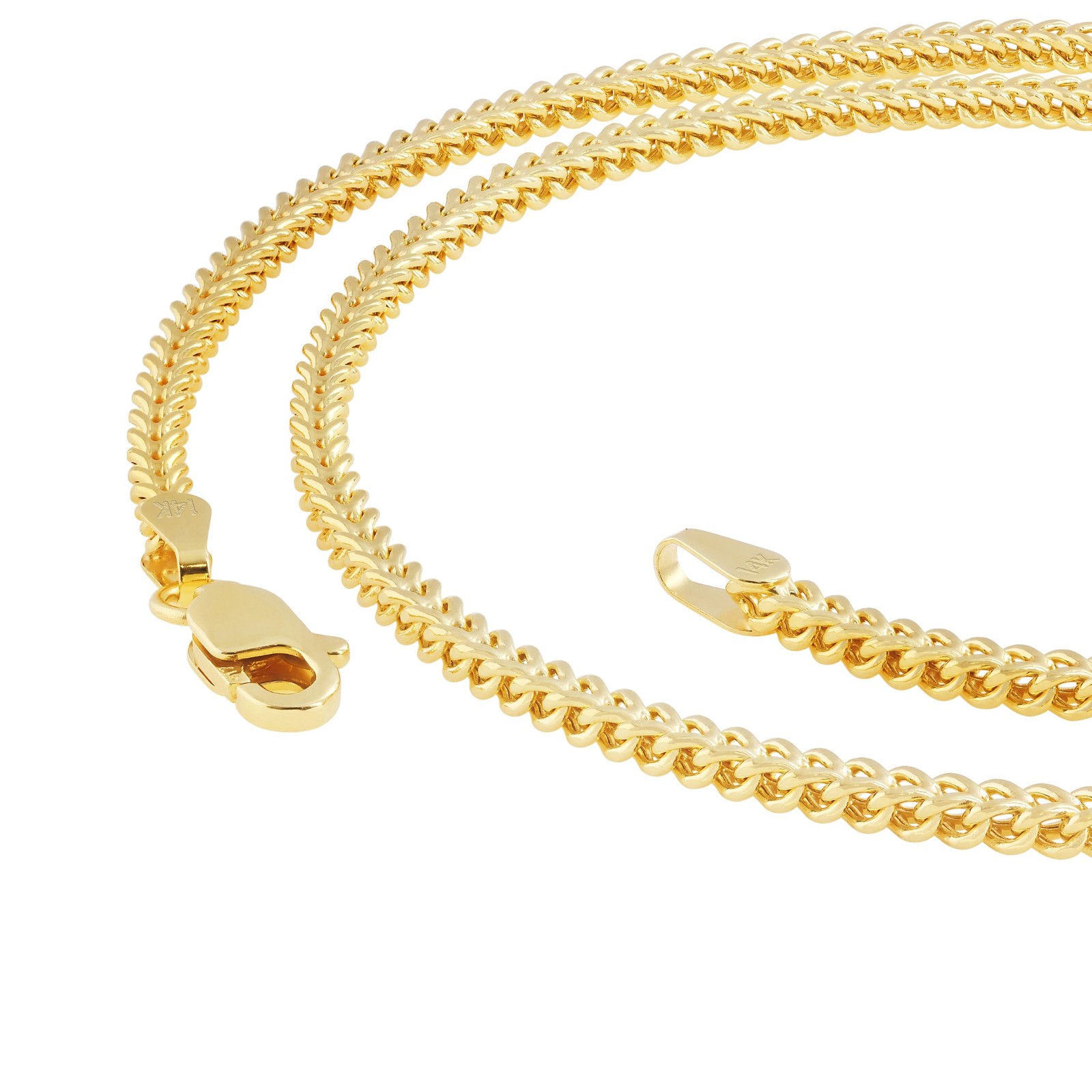 14K Yellow Gold 2mm Franco Box Wheat Foxtail Chain Necklace Mens Womens 16″- 24″