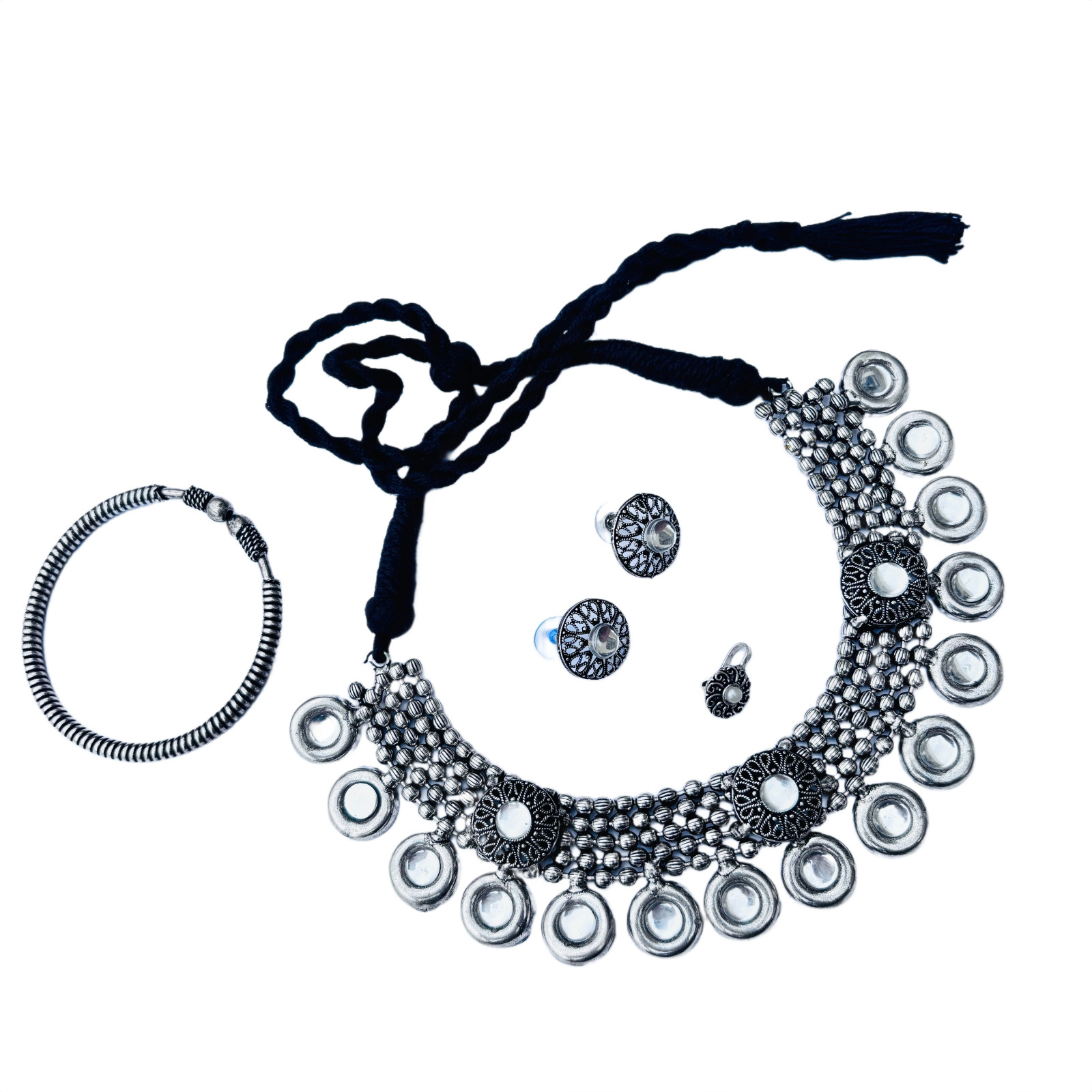 Indian Oxidized Silver Plated Necklace Set With Earring Nose Pin And Bracelets
