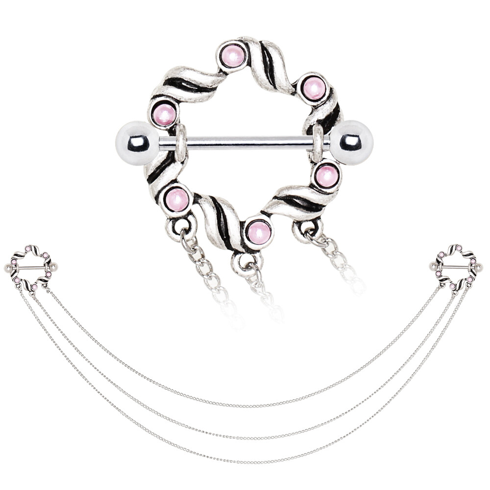 14G 3/4″ Barbell Faux Opal Triple Chain Floral Nipple Stainless Stee Shield F200