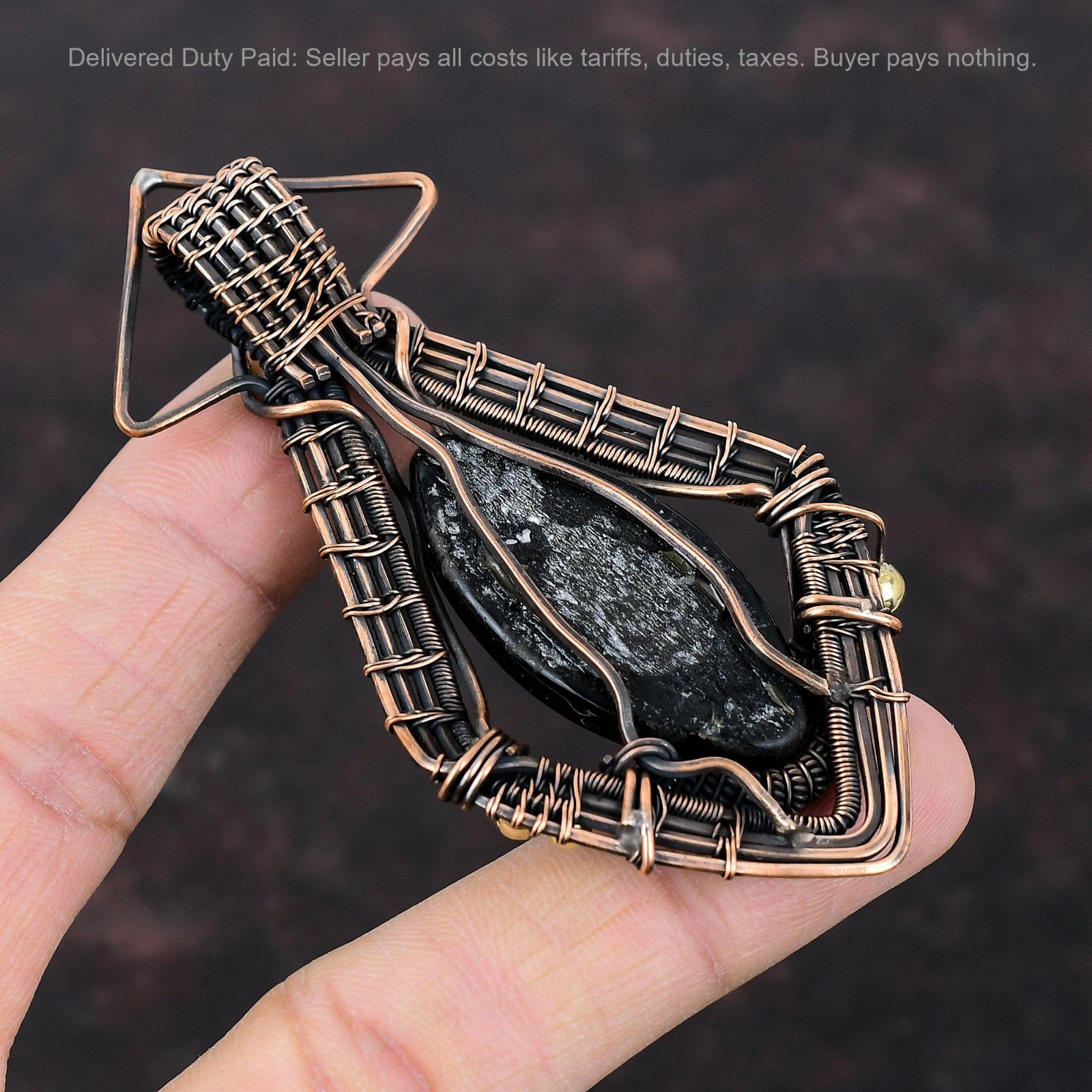 Copper Marquise Black Color Evil Eye Stone Wife Trendy Wire Wrapped Boho Pendant