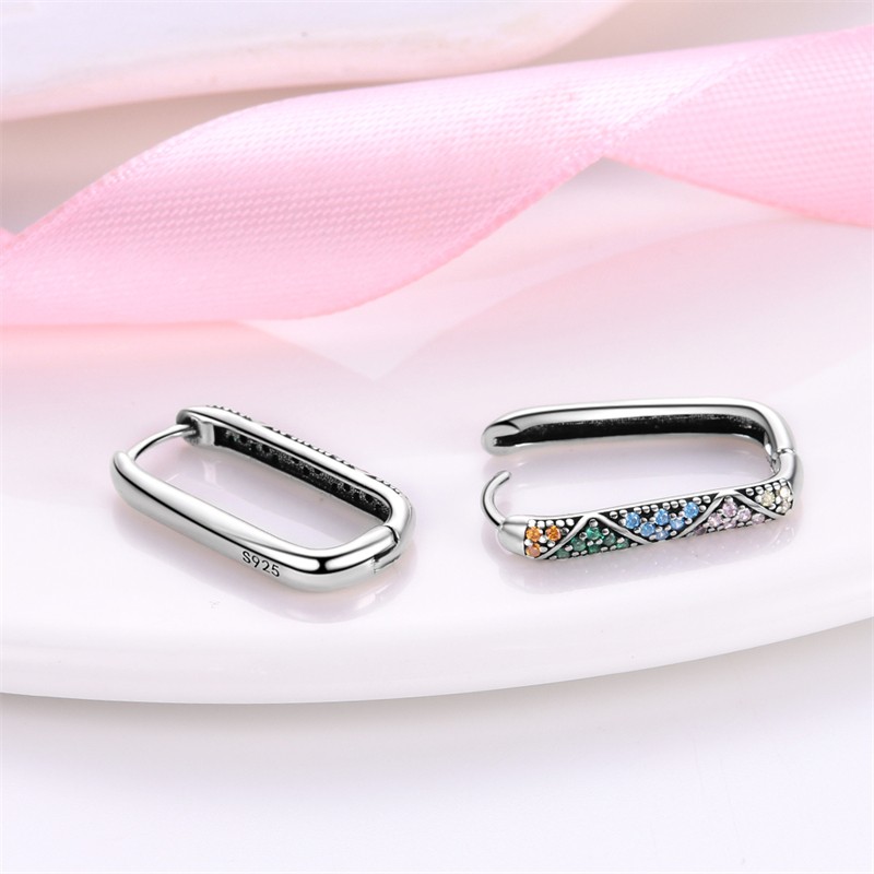 PANDACH 925 Sterling Silver Colorful CZ Geometric U-Shaped Hoop Earrings Womens