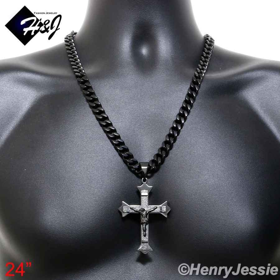 18-40″MEN Stainless Steel 9mm Black Plated Cuban Chain Necklace Cross Pendant*28