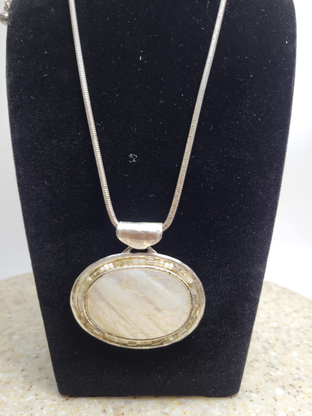 Chico’s Signed Silver Tone Mother of Pearl Pendant Necklace Snake Chain
