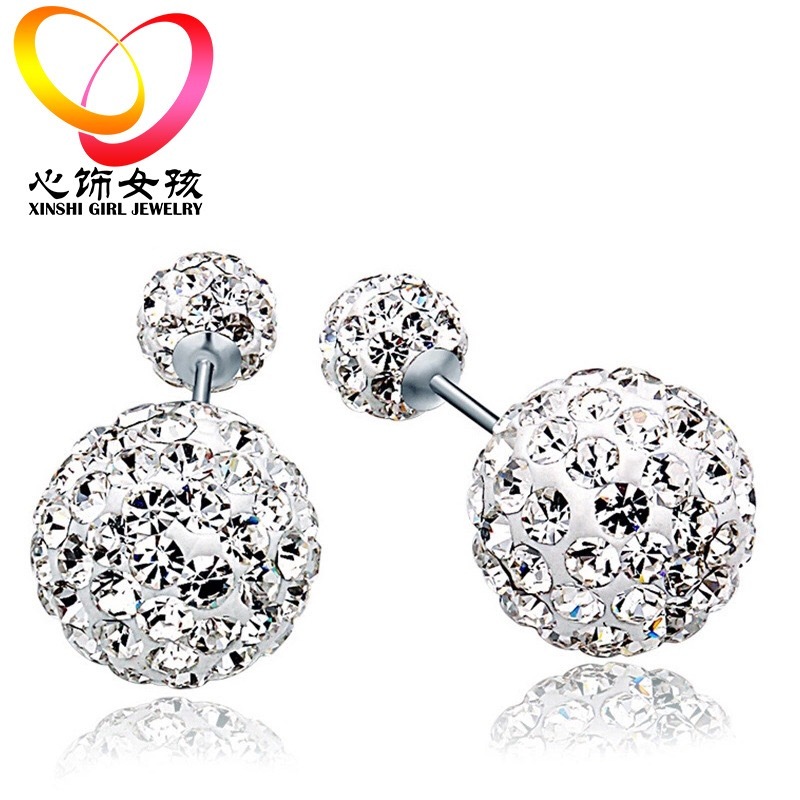 Fashion Womens 925 sterling Silver Double Crystal Ball Ear Stud Earrings Jewelry