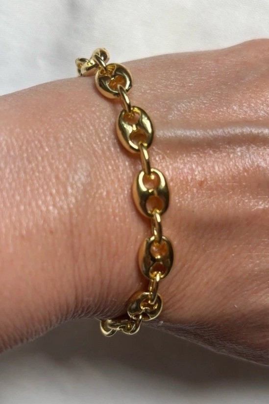 14k yellow Gold Plated Puffy Puffed Anchor Mariner Link Chain bracelet new 8mm