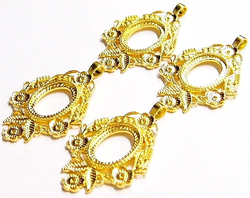 4 of 30x22mm Shiny Gold Flower and Leaf Pendant Settings, For Cameos, Cabs Glass
