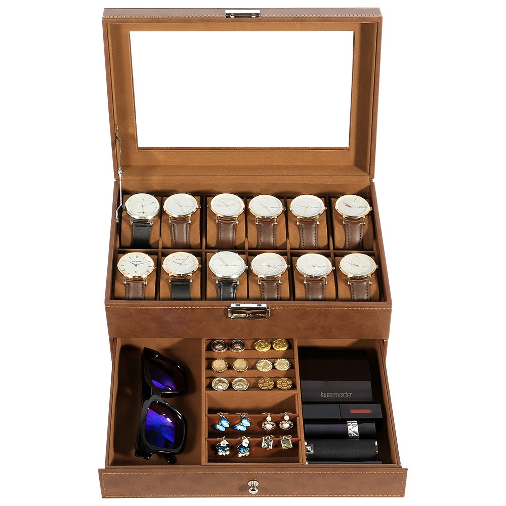 3/6/8/10/12/24 Slot PU Leather Watch Box Organizer Jewelry Display Storage Case