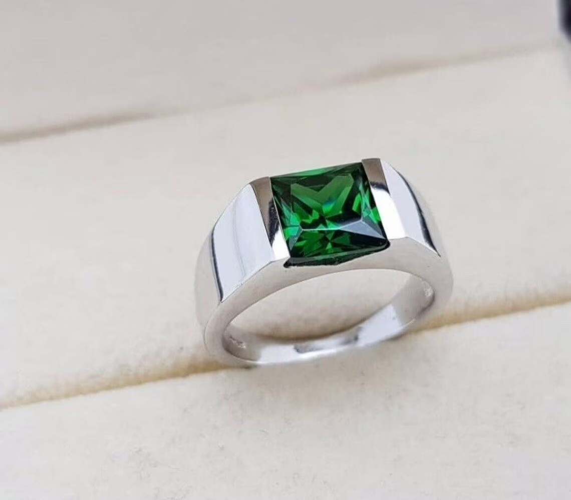 Lab-Grown Emerald Sterling Silver Ring: Art Deco Square Green Stone