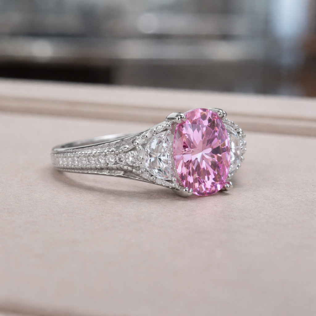 2.50 Ct Oval Cut Natural Pink Sapphire Diamond Wedding Ring 14K White Gold 8
