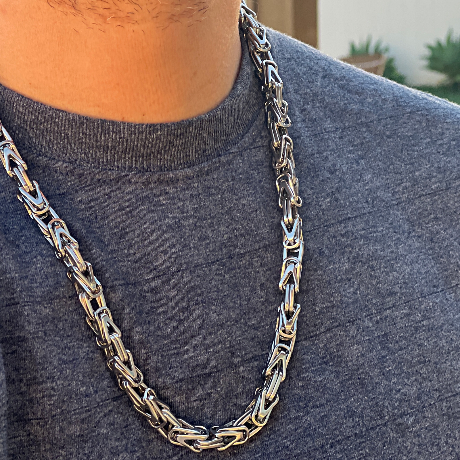 Men’s Stainless Steel Classic Byzantine Link Chain Necklace 24″ inch x 9MM Thick