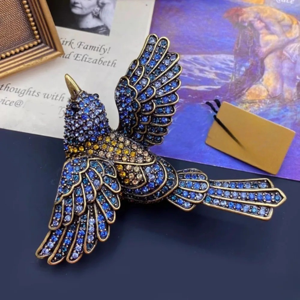 Vintage Blue Rhinestone Bird Brooch Sparkling Crystal Flying Bird Pin