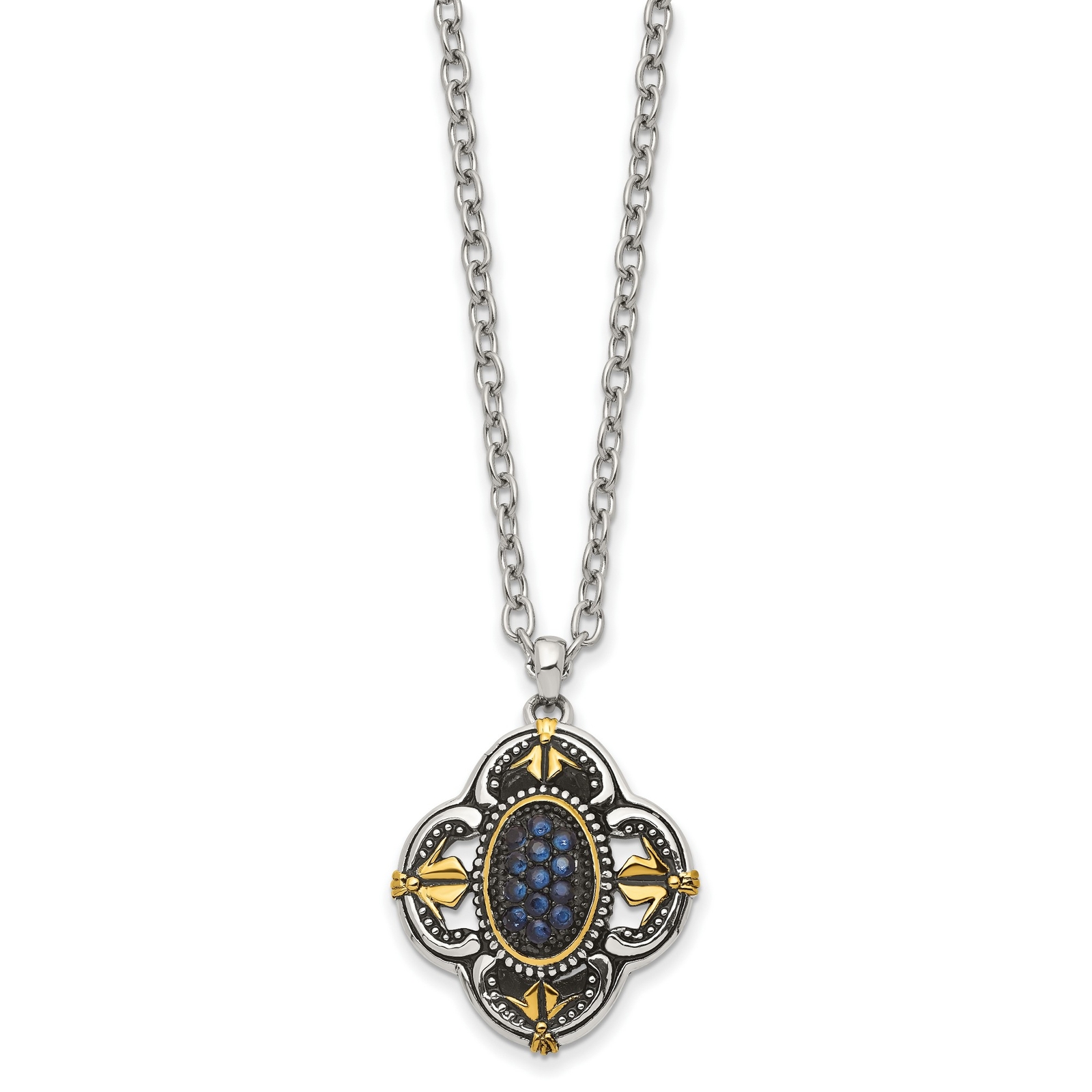 Stainless Steel Blue Glass Yellow IP Plated Accent Necklace