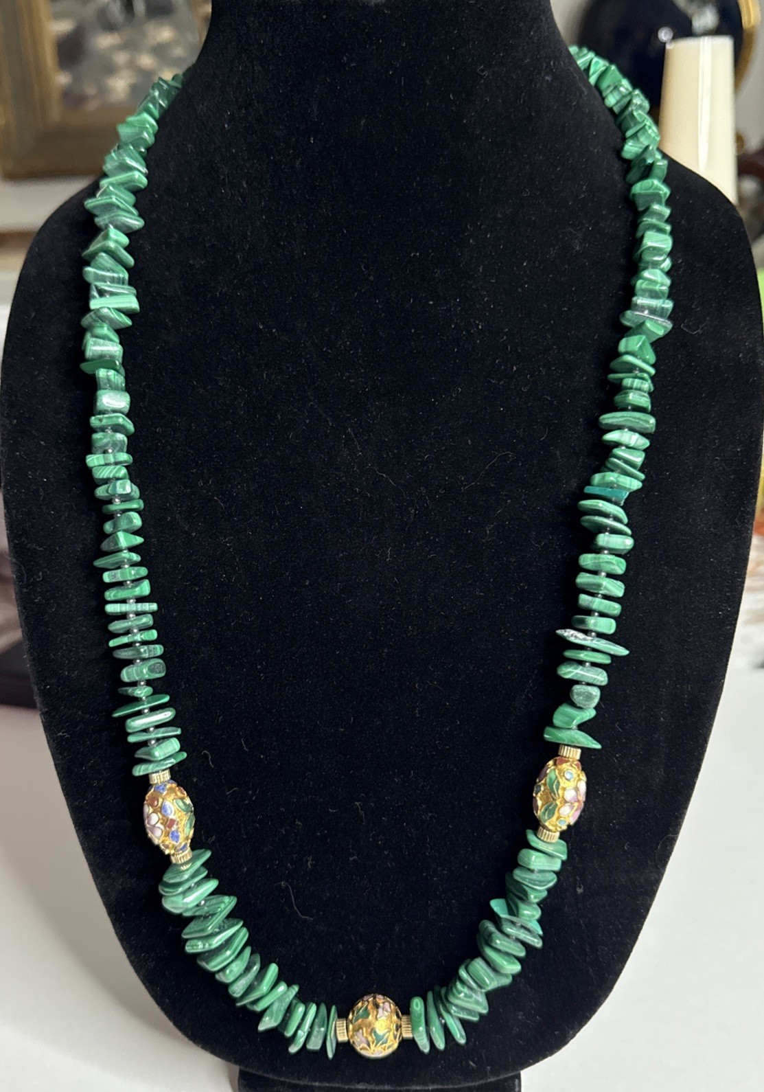 Vtg Malachite Necklace 1/20 14k GF Clasp With Cloisonné Beads, 30”