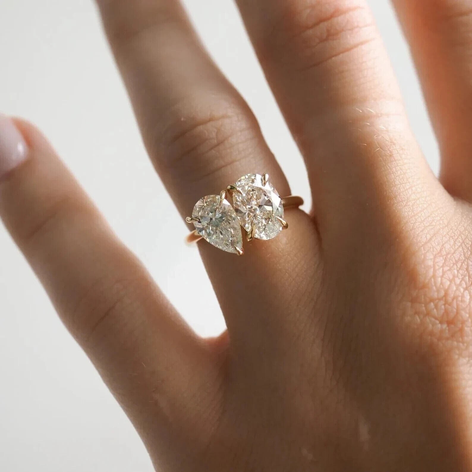 4CT Pear + Oval Cut CZ Diamond Toi Et Moi Engagement Ring 14K Yellow Gold Finish