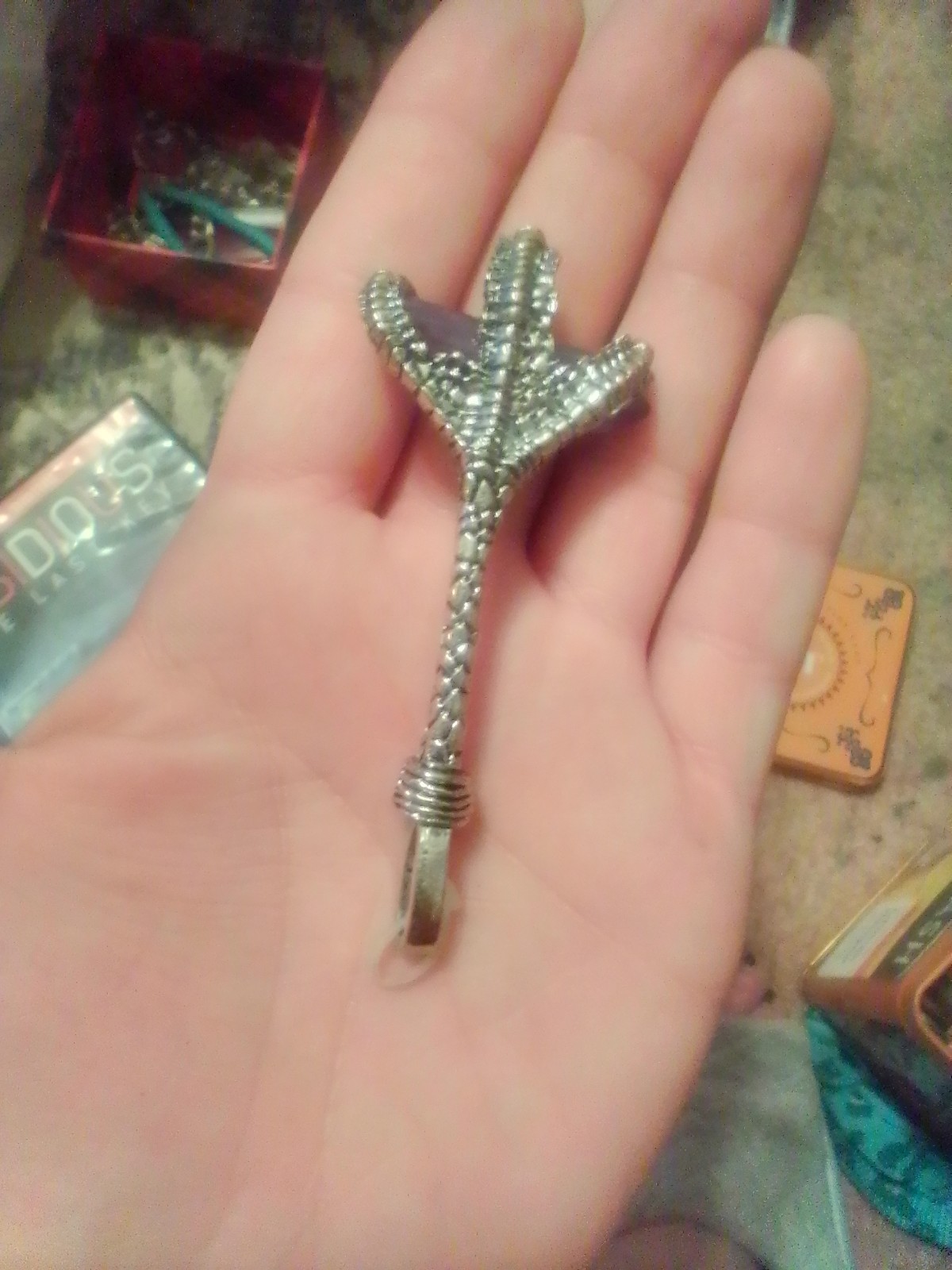 Cross Charm Pendant Silver Tone Metal w/ Purple Baguette Crystal