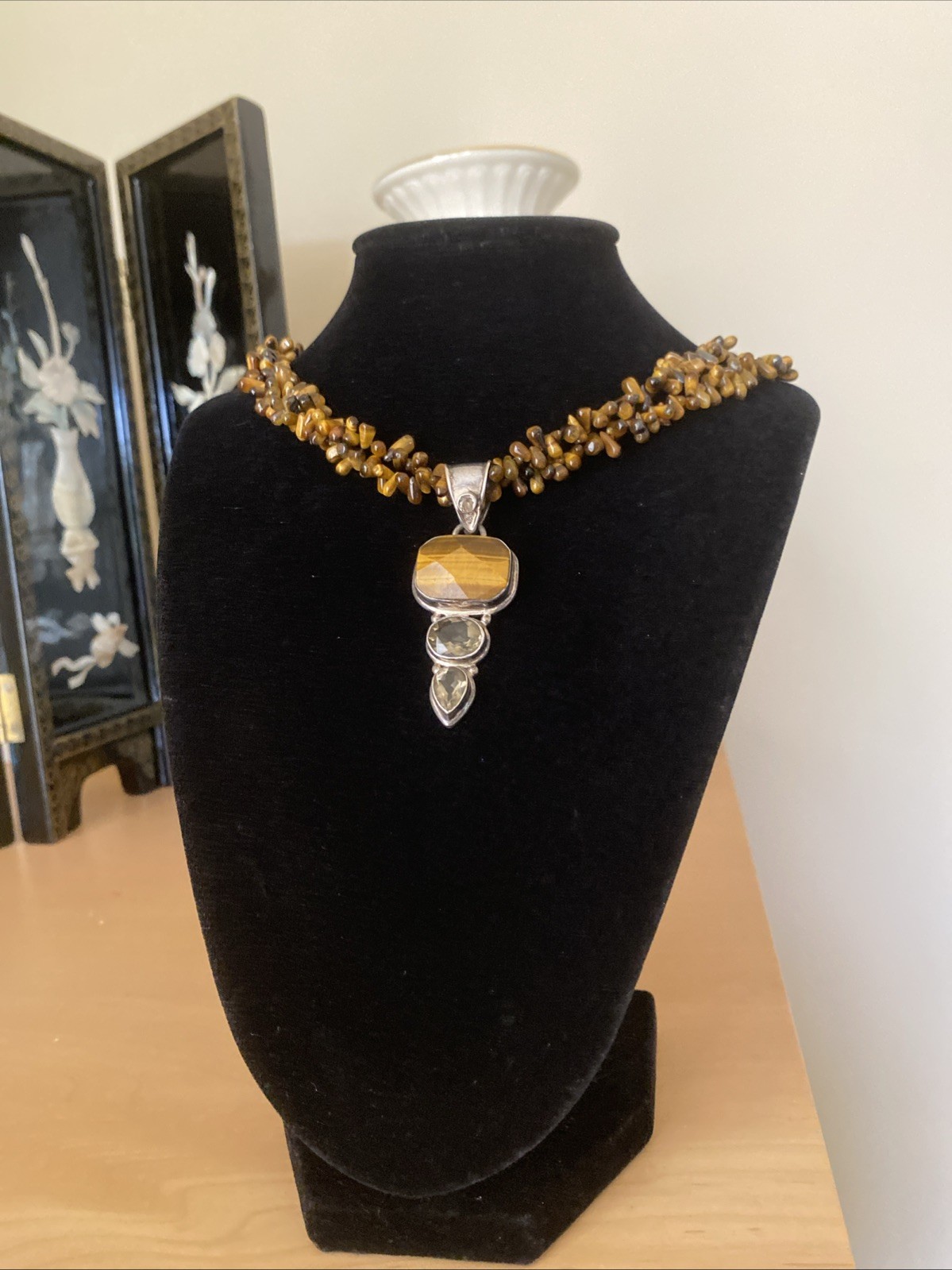 Vintage Tigers Eye Beaded Choker Pendant Necklace Estate Fine Jewelry Pre-Owned