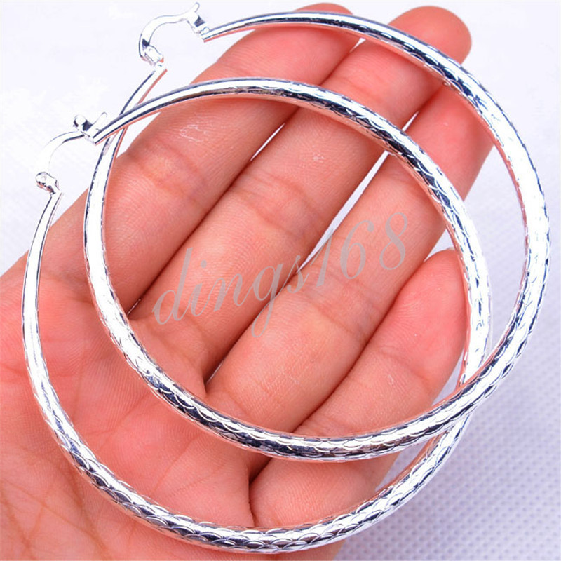 Ladies Classic 925 Sterling Silver Big Diamond Cut/Fishscale Large Hoop Earrings