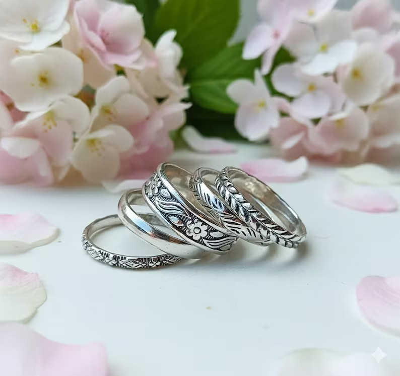 Handmade Stacking Ring Set 925 Sterling Silver Stacking Ring Set: Floral Design