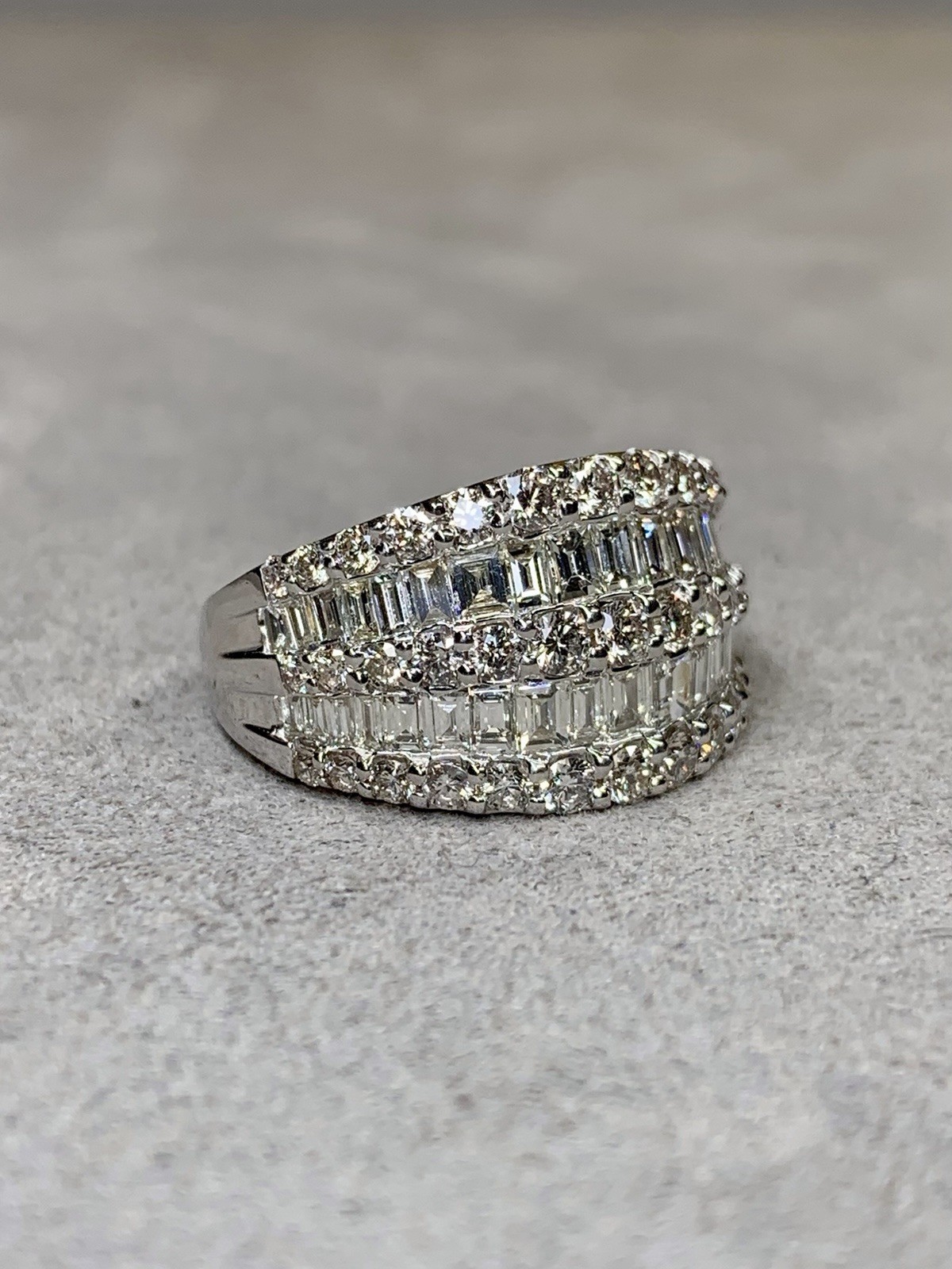 Estate 18K White Gold Baguette & Round Diamond Multi Row Wide Band Cocktail Ring
