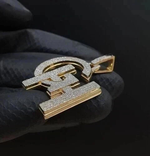 3.5Ct Round Cut Real Moissanite Custom Two Letter Pendant 14K Yellow Gold Plated