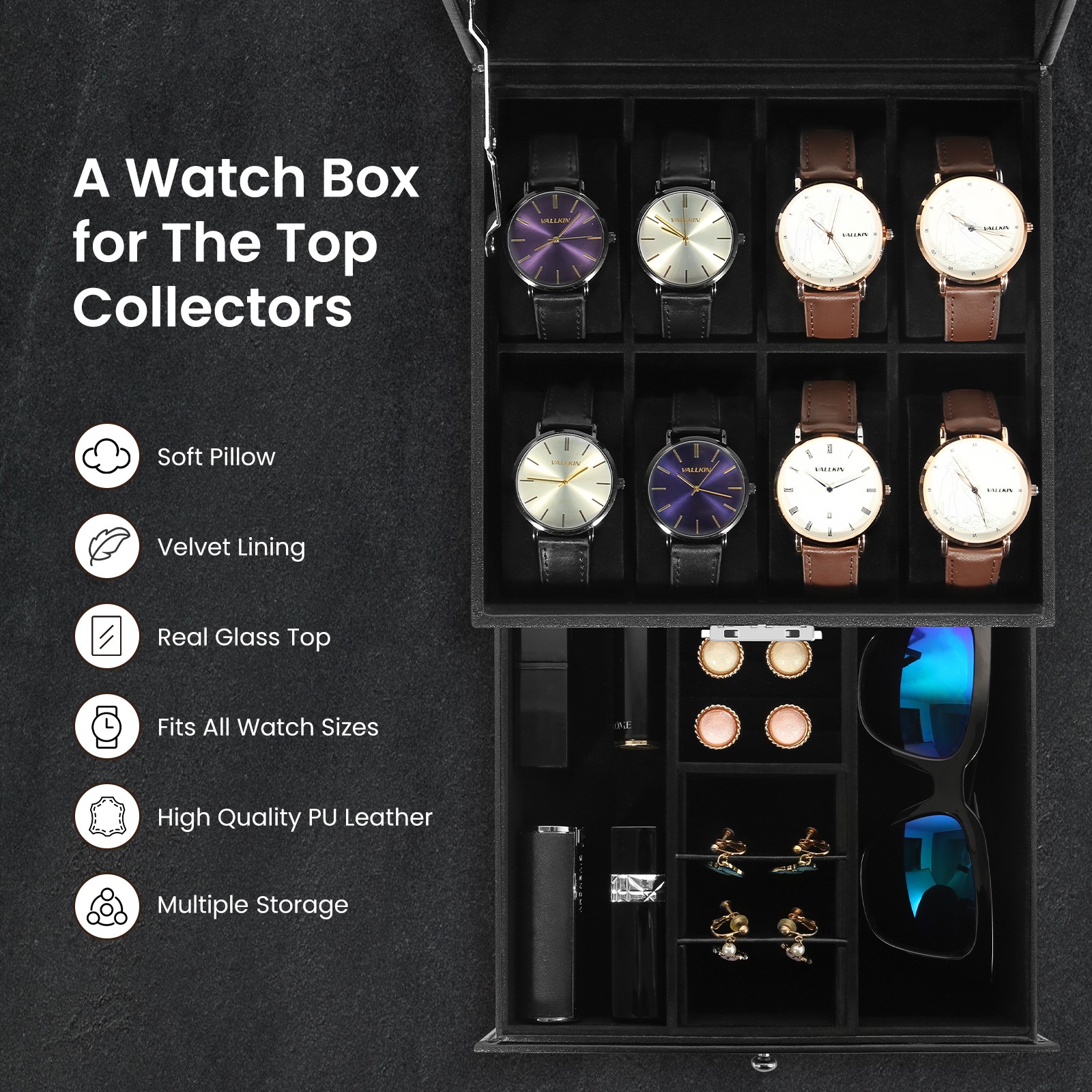 3/6/8/10/12/24 Slots PU Leather Watch Box Organizer Jewelry Display Storage Case