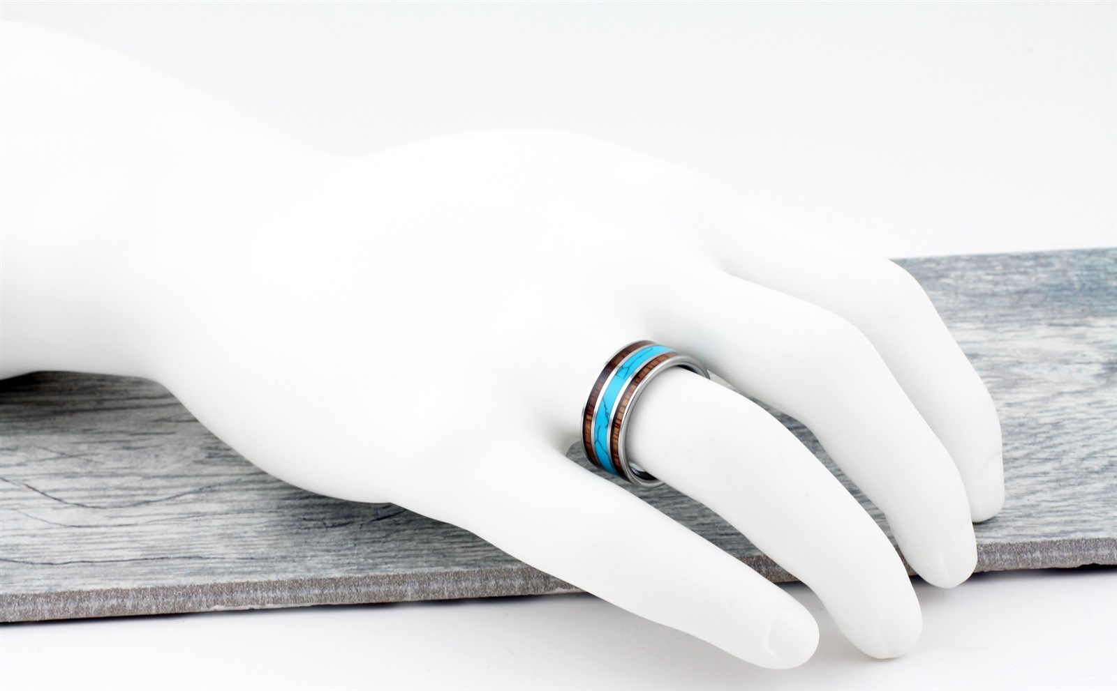 10mm Tungsten Men’s Turquoise and Double Hawaiian Koa Wood Wedding Band