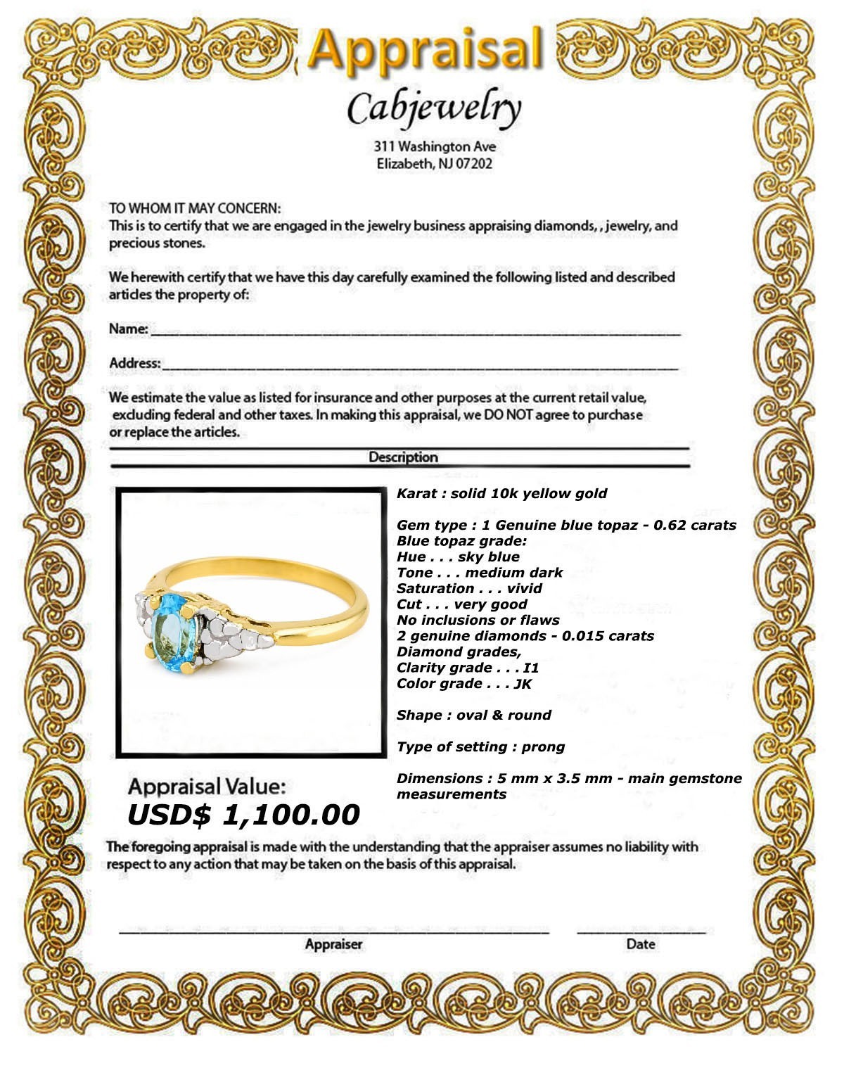 GENUINE 0.62 Cts BLUE TOPAZ & DIAMONDS RING 10K GOLD – Free Appraisal Service