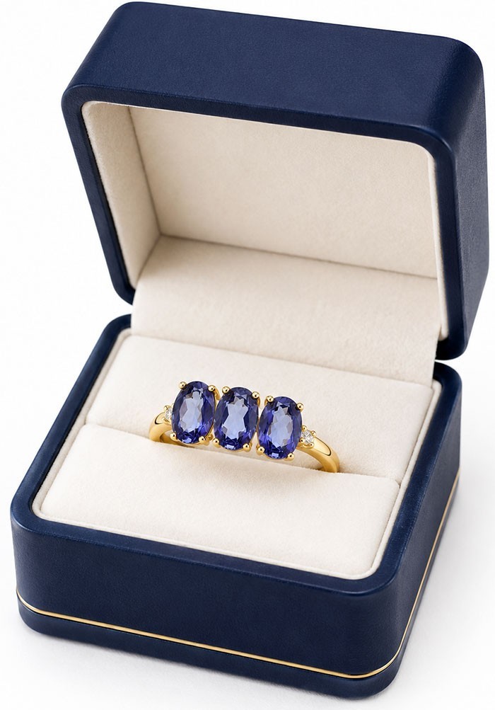 GENUINE 1.84 Cts IOLITE & WHITE SAPPHIRE RING 14k YELLOW GOLD PLATED (.925)- NWT