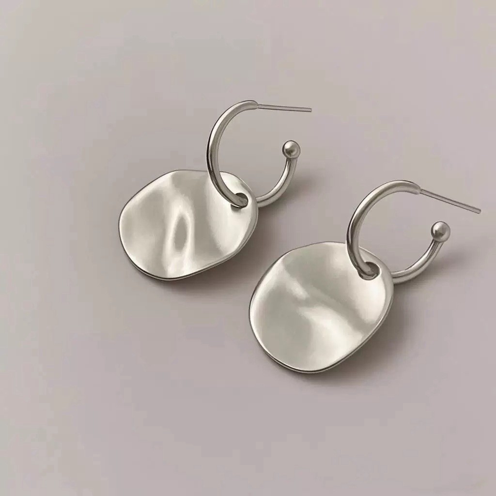 925 Silver Hammered Disc Drop Hoop Earrings Matte Round Hoop Earrings 362