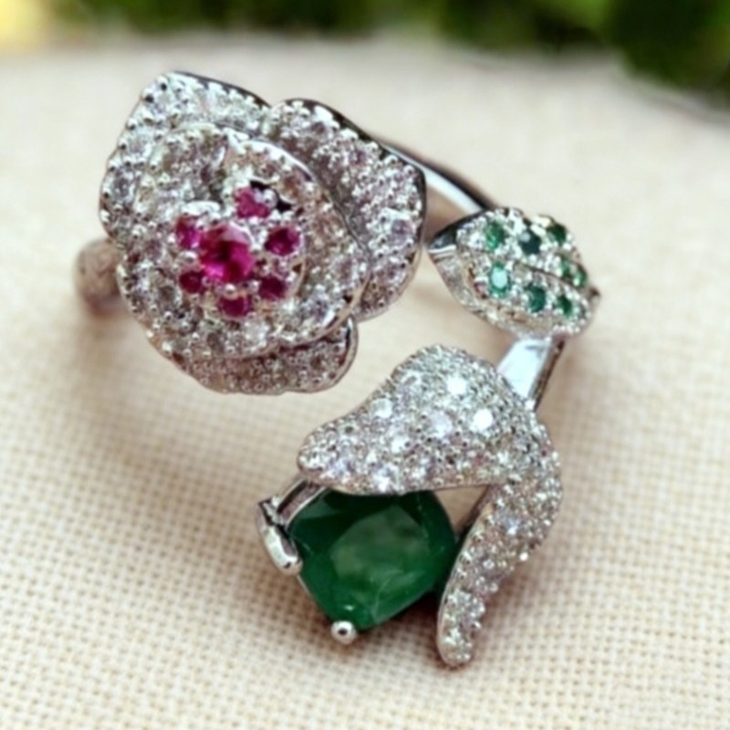 Pretty Multicolor CZ Pave Double Form Rose Elegant Women Silver Plated Open Ring