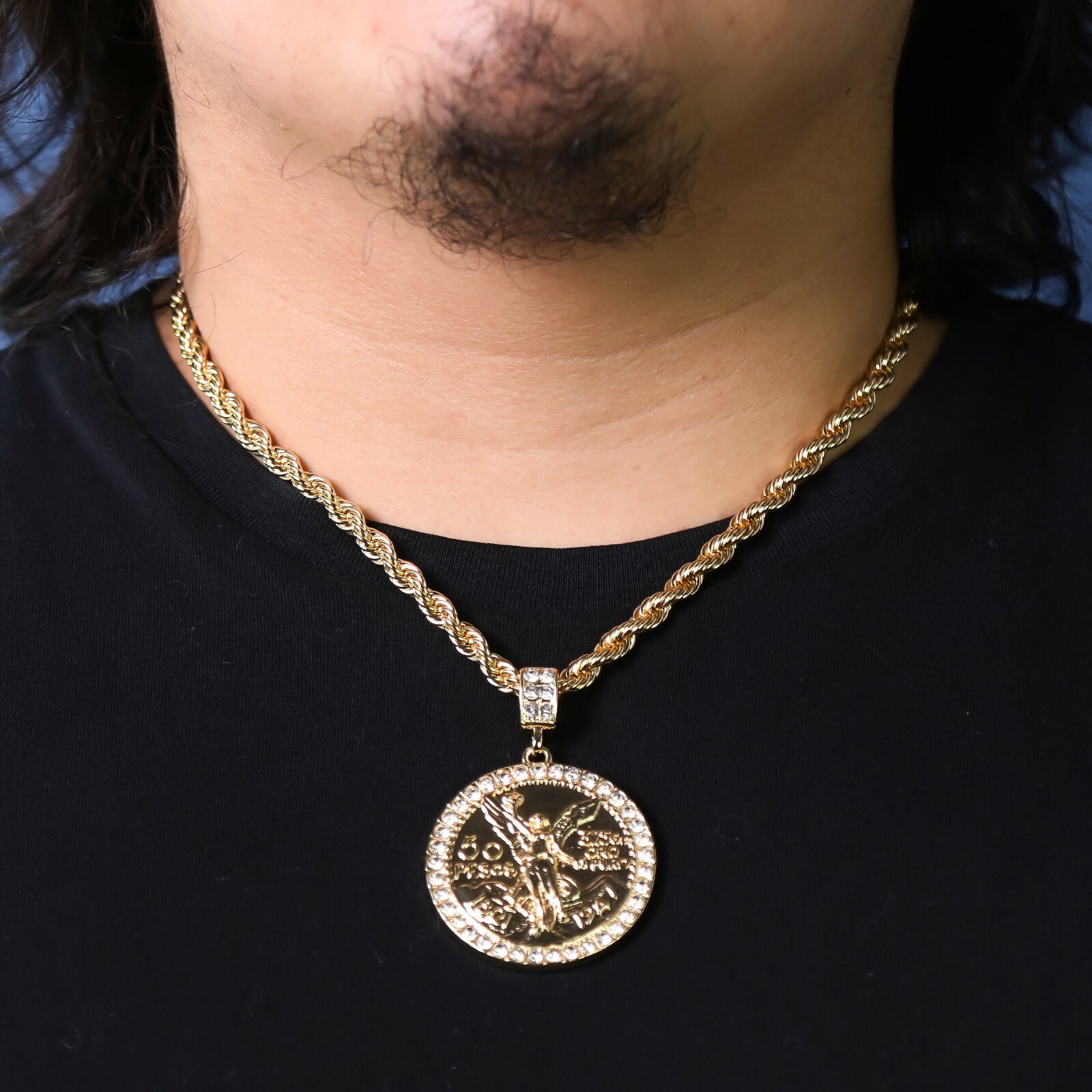 Centenario 50 Pesos Pendant Iced Cubic-Zirconia Rope Chain 14k Gold Plated