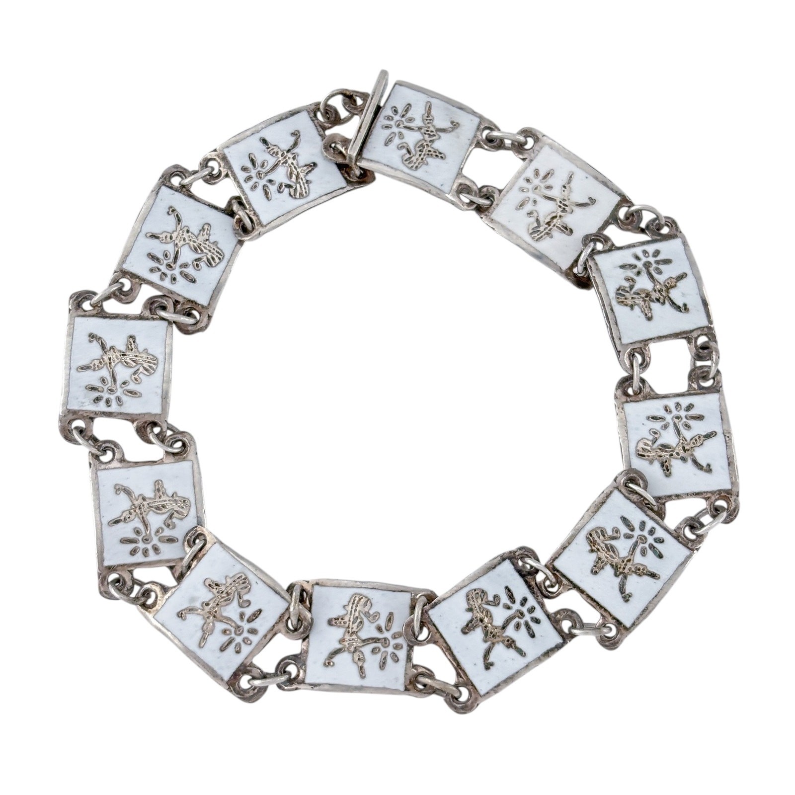 Vintage Sterling Silver 925 White Niello Siam Dancer Link Bracelet 7.25″
