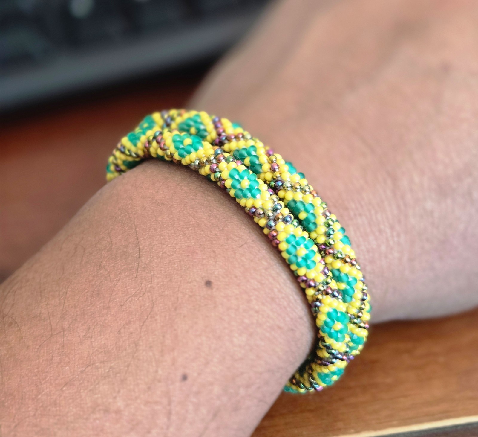 Set of 2 Handmade Glass Seed Bead Crochet Bracelets Solid Color Boho Nepal Bangl