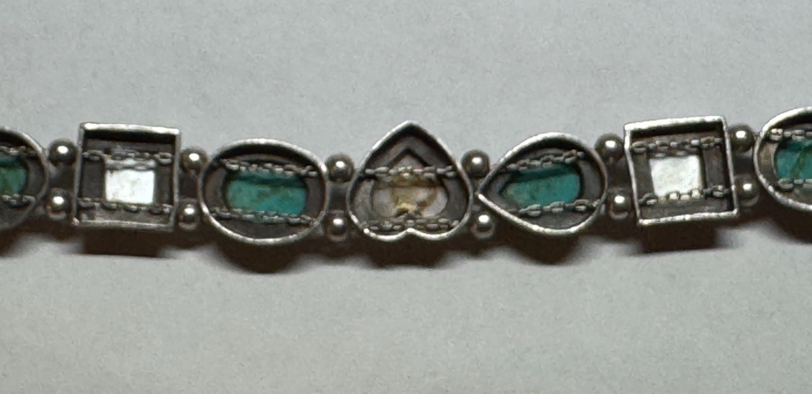925 Thailand Sterling Silver Turquoise Mother of Pearl Link Bracelet 31g