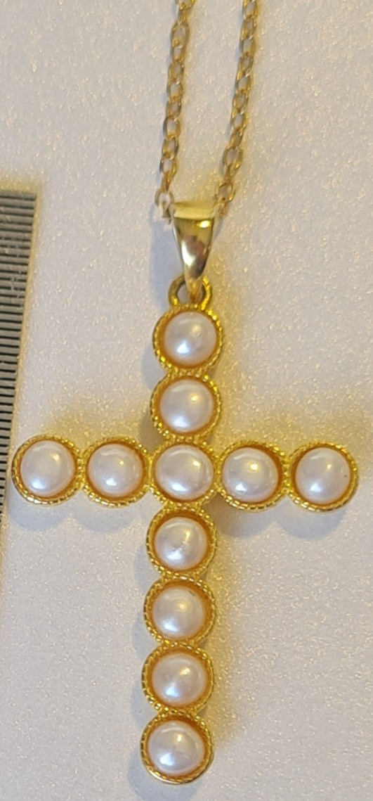 KEZEF Italian Gold over Sterling Silver Real Pearl Christian Cross + Necklace