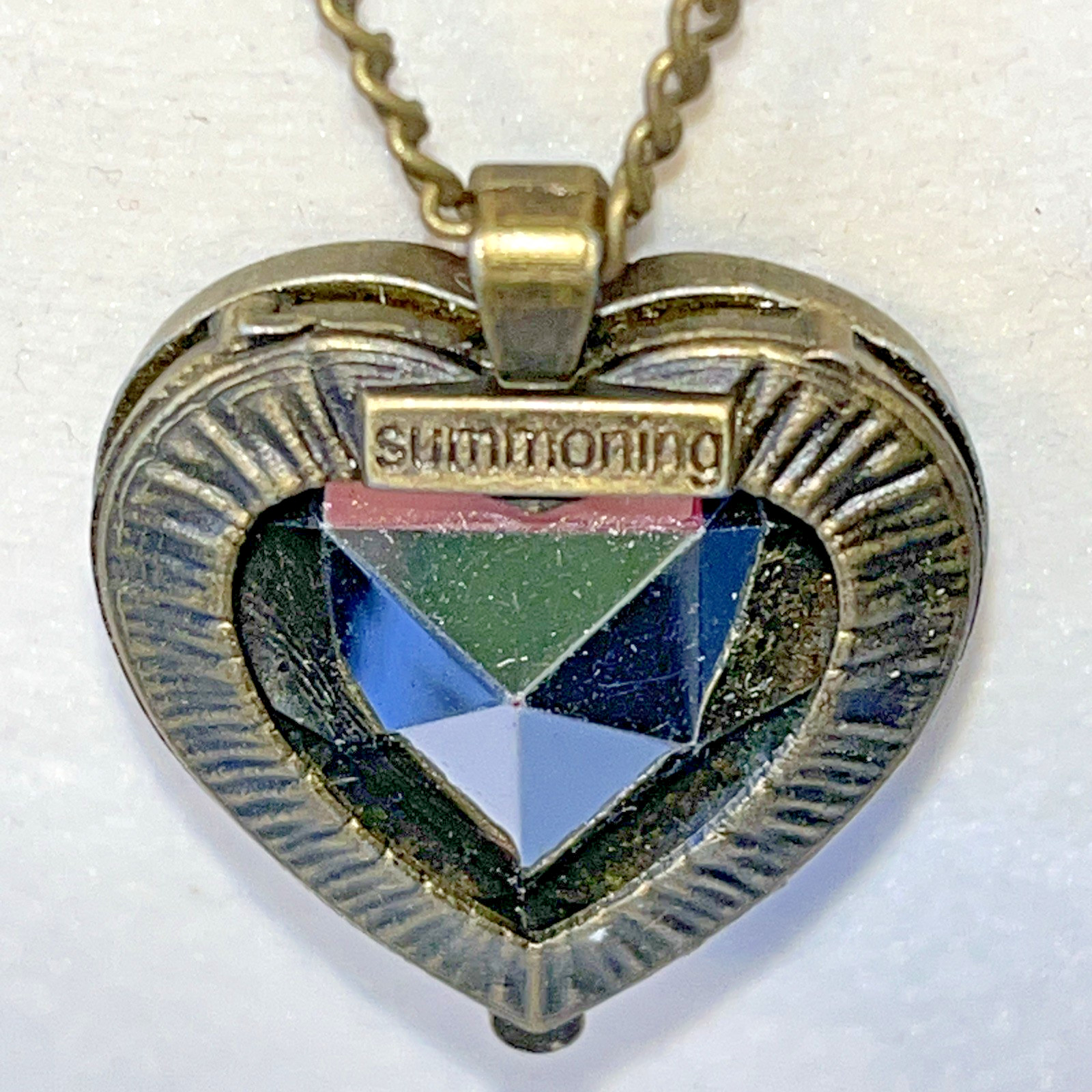 Antiqued Brass Metal Winged Pendant With Red Heart Foil Backed Crystal Necklace