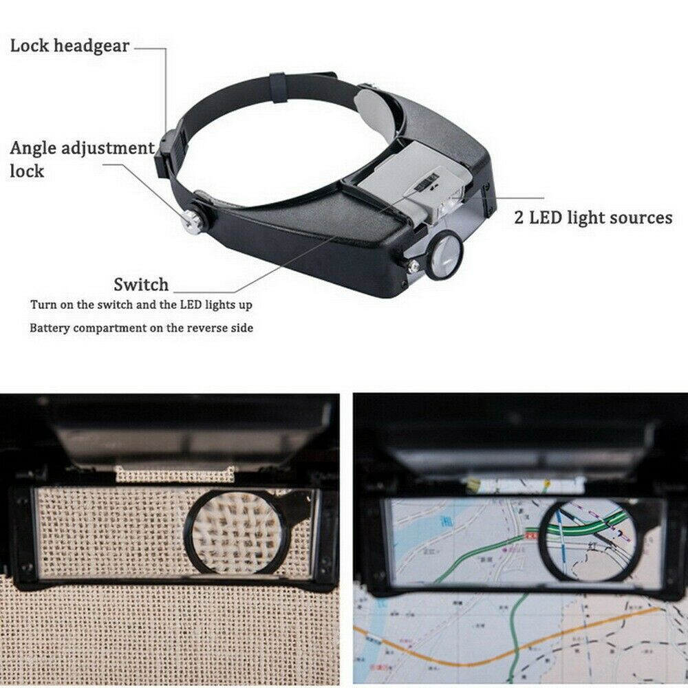 LED Jewelers Headband Magnifier Illuminated Visor Magnifying Glasses Loupe